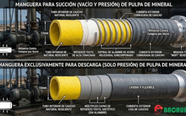 ¿Cuál es la diferencia de diseño entre una manguera para pulpa de mineral para succión y una exclusivamente para descarga?