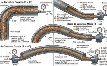 ¿Cómo influye el radio de curvatura de la manguera para pulpa de mineral en la pérdida de carga del sistema de bombeo?