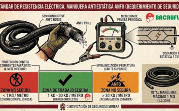 ¿Cuál es el valor de resistencia eléctrica (en Ohms) requerido para que una manguera antiestática para ANFO sea considerada segura?