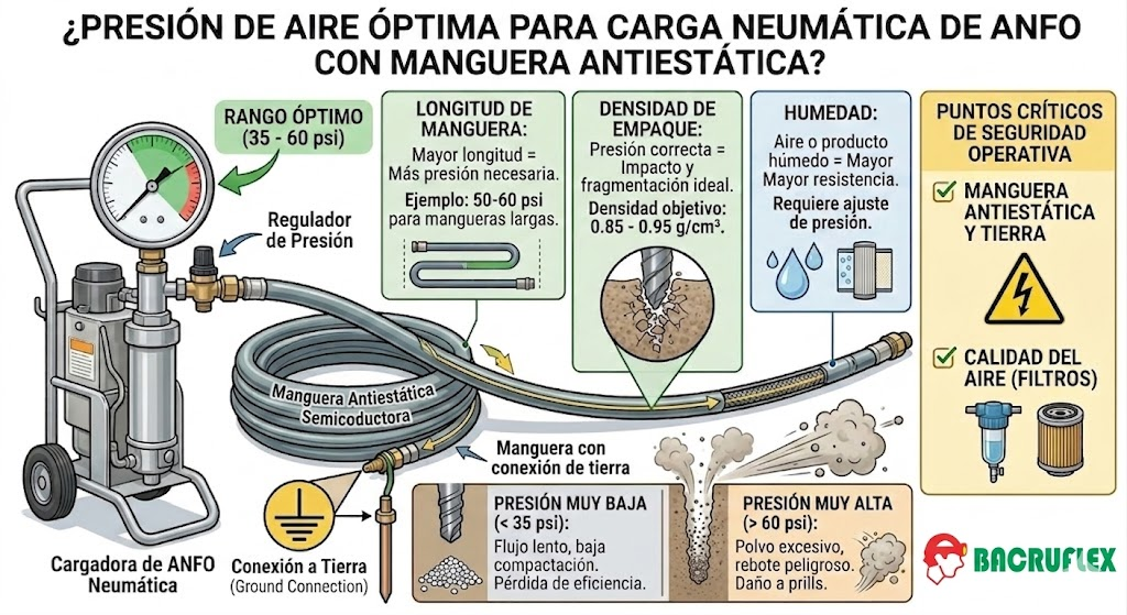 ¿Cuál es la presión de aire óptima recomendada para inyectar el material a través de la manguera antiestática para ANFO?