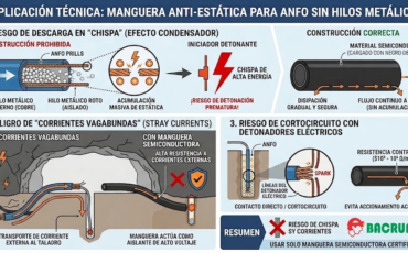 ¿Por qué la manguera antiestática para ANFO no debe contener hilos metálicos en su estructura para disipar la corriente?