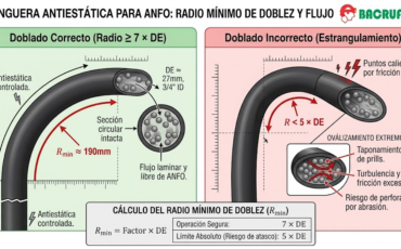 ¿Cuál es el radio mínimo de doblez que permite la manguera antiestática para ANFO sin estrangular el paso del explosivo?
