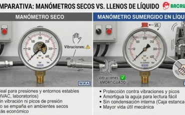 ¿Cómo se debe elegir correctamente entre manómetros de conexión seca y aquellos sumergidos en líquido?