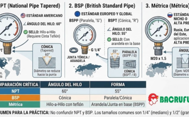 ¿Qué tipo de rosca (NPT, BSP o métrica) es la estándar que utilizan los manómetros comerciales en sistemas de fluidos?