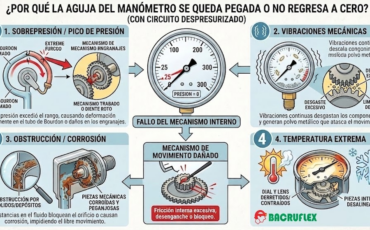 ¿Qué causa que la aguja de los manómetros se quede pegada o no regrese a cero cuando el circuito está despresurizado?