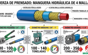 ¿Cuánta fuerza de prensado (en toneladas) necesita una de estas máquinas de prensado de mangueras para ensamblar una línea hidráulica de 4 mallas?
