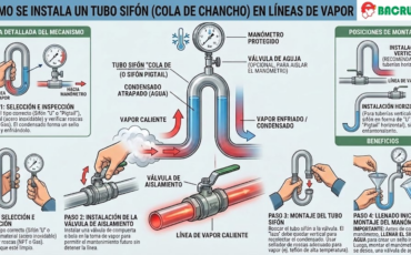 ¿Cómo se instala un tubo sifón (o cola de chancho) para proteger los manómetros en líneas de vapor caliente?