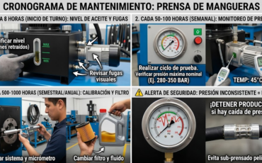 ¿Cada cuántos ciclos de trabajo se debe revisar el nivel de fluido y la presión de las máquinas de prensado de mangueras?