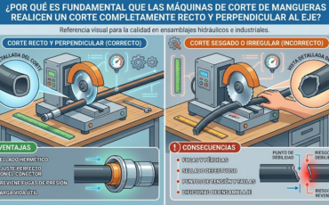 ¿Por qué es fundamental que las máquinas de corte de mangueras realicen un corte completamente recto y perpendicular al eje?