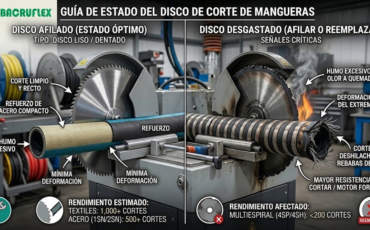 ¿Cada cuántos cortes se debe afilar o reemplazar el disco de corte en las máquinas de corte de mangueras de taller?