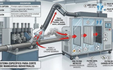 ¿Qué tipo de extractor de humo o sistema de ventilación requieren las máquinas de corte de mangueras al trabajar en espacios cerrados?