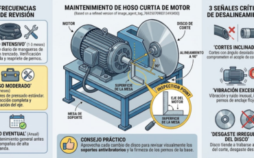 ¿Cada cuánto tiempo se debe revisar el alineamiento del motor con respecto a la mesa de soporte en las máquinas de corte de mangueras?