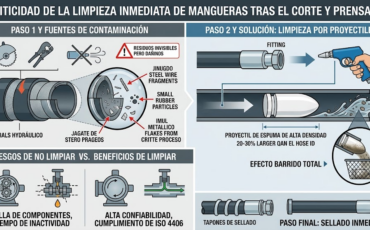 ¿Por qué es crítico usar máquinas de limpieza de mangueras inmediatamente después de haber cortado y prensado un ensamble?