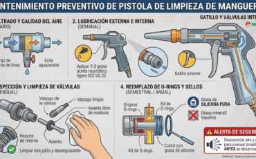 ¿Qué mantenimiento preventivo requiere el gatillo y las válvulas de aire internas de las máquinas de limpieza de mangueras de tipo pistola?