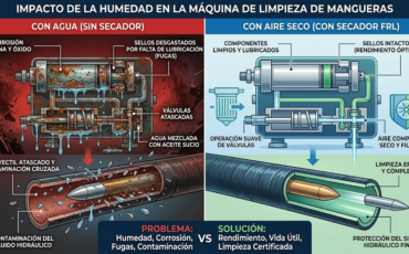 ¿Cómo afecta el ingreso de agua del compresor de aire al rendimiento de las máquinas de limpieza de mangueras si no se usa un filtro secador?
