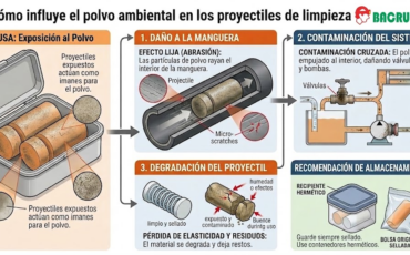 ¿Cómo influye el polvo ambiental en los proyectiles de repuesto de las máquinas de limpieza de mangueras si no se guardan sellados?