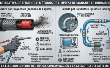 ¿Cuál es la diferencia de eficiencia entre las máquinas de limpieza de mangueras por proyectiles y los sistemas de lavado por solventes líquidos?