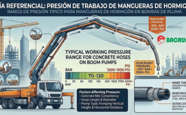 ¿Cuál es la presión de trabajo típica que deben soportar las mangueras de concreto en las bombas de pluma de construcción?