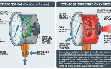 ¿Cómo evita el tapón de seguridad trasero que los manómetros exploten hacia el frente en caso de una sobrepresión severa?