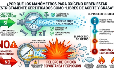 ¿Por qué los manómetros para oxígeno deben estar estrictamente certificados como «libres de aceite y grasa»?