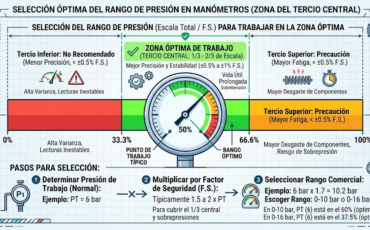 ¿Cómo se selecciona el rango de presión para que los manómetros trabajen en su zona óptima (el tercio central de la escala)?