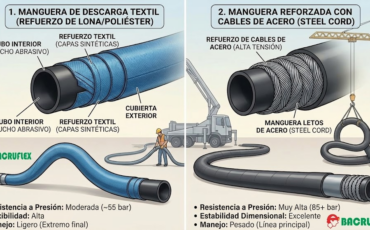 ¿Cuál es la diferencia de resistencia mecánica entre las mangueras de concreto de descarga textil y las reforzadas con cables de acero?
