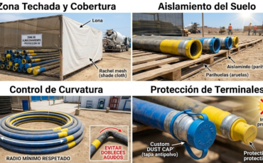 ¿Qué precauciones de almacenamiento en obra requieren las mangueras de concreto para que la radiación solar no reseque el caucho?