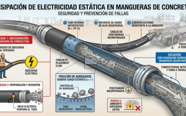 ¿Por qué las mangueras de concreto deben contar con propiedades conductivas para disipar la electricidad estática generada por la mezcla?