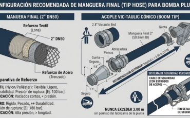 ¿Qué longitud estándar es la más recomendada para las mangueras de concreto colocadas al final del brazo articulado de una bomba pluma?