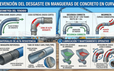 ¿Cómo se previene el desgaste prematuro por fricción en las zonas curvas de las mangueras de concreto durante el bombeo?