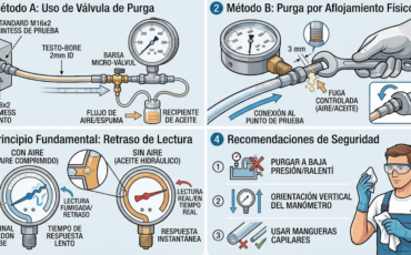 ¿Cómo se purga el aire de una manguera de testeo instalada para garantizar que el manómetro dé una lectura real y sin retrasos?
