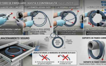 ¿Cómo se debe enrollar y guardar una manguera de testeo para evitar estrangularla o superar su radio mínimo de curvatura?