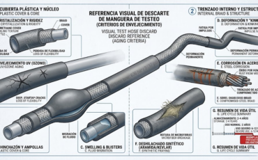 ¿Cuándo se debe descartar una manguera de testeo por envejecimiento del material plástico o trenzado interno?