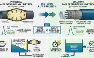 ¿Cómo evita la baja expansión volumétrica de la manguera de testeo que se alteren los datos en mediciones de alta precisión?