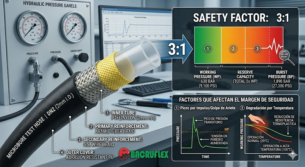 ¿Qué factor de seguridad (como 3:1 o 4:1) maneja la manguera de testeo de micro-diámetro frente a presiones extremas?