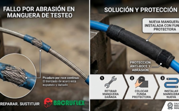 ¿Cómo se repara la manguera de testeo si sufre una picadura por roce continuo contra una parte móvil de la maquinaria?
