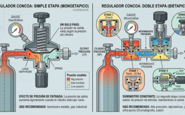 ¿Qué significa que un regulador CONCOA sea de «simple etapa» o de «doble etapa» en cuanto al control de la presión de salida?