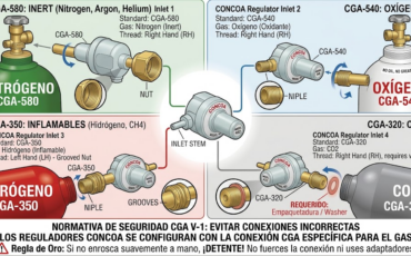 ¿Qué tipo de conexiones de entrada CGA utiliza el regulador CONCOA según la normativa de seguridad de cilindros de gases?