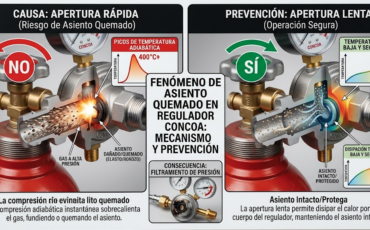¿Qué es el fenómeno de «asiento quemado» en un regulador CONCOA y cómo se previene mediante una apertura lenta de la válvula?