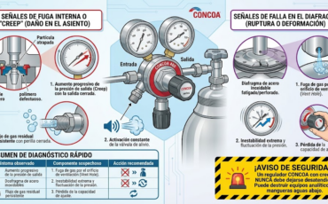 ¿Cuáles son las señales claras que indican que un regulador CONCOA está sufriendo de fugas internas o fallas en el diafragma?