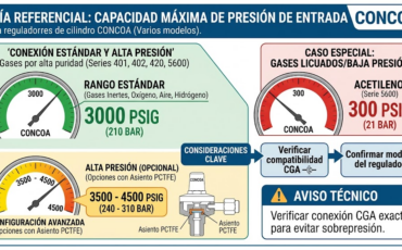 ¿Qué rango de presión máxima de entrada puede soportar el regulador CONCOA cuando se conecta a un cilindro lleno?