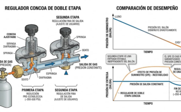 ¿El regulador CONCOA de doble etapa mantiene la presión de salida constante aunque la presión del balón disminuya drásticamente?