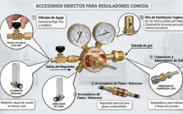 ¿Qué accesorios adicionales, como flujómetros o válvulas de aguja, se pueden acoplar directamente al regulador CONCOA?