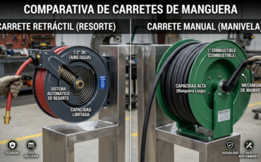 ¿Cómo elijo entre carretes para manguera con rebobinado automático por resorte (retráctil) y carretes manuales con manivela?