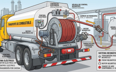 ¿Cómo operan los carretes para manguera motorizados por sistemas eléctricos o neumáticos en camiones cisterna de gran tamaño?