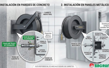¿Cómo se realiza la instalación y anclaje seguro de los carretes para manguera en paredes de concreto o paneles metálicos?