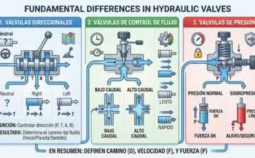 ¿Cuál es la diferencia fundamental entre las válvulas hidráulicas direccionales, las válvulas de control de flujo y las válvulas de presión?