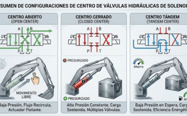 ¿Qué significa que las válvulas hidráulicas de solenoide operen bajo configuraciones de centro abierto, centro cerrado o centro tándem?