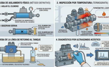 ¿Cómo se detecta una fuga interna en las válvulas hidráulicas cuando el cilindro empieza a perder posición de forma lenta?