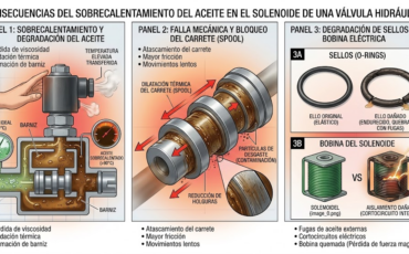 ¿Cuáles son las consecuencias de un sobrecalentamiento del aceite en los solenoides eléctricos de las válvulas hidráulicas de control?